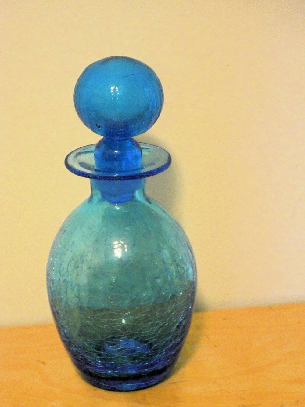 MCM Mid Century BLENKO 636s Art Glass Blue Crackle Turquoise DECANTER w Stopper